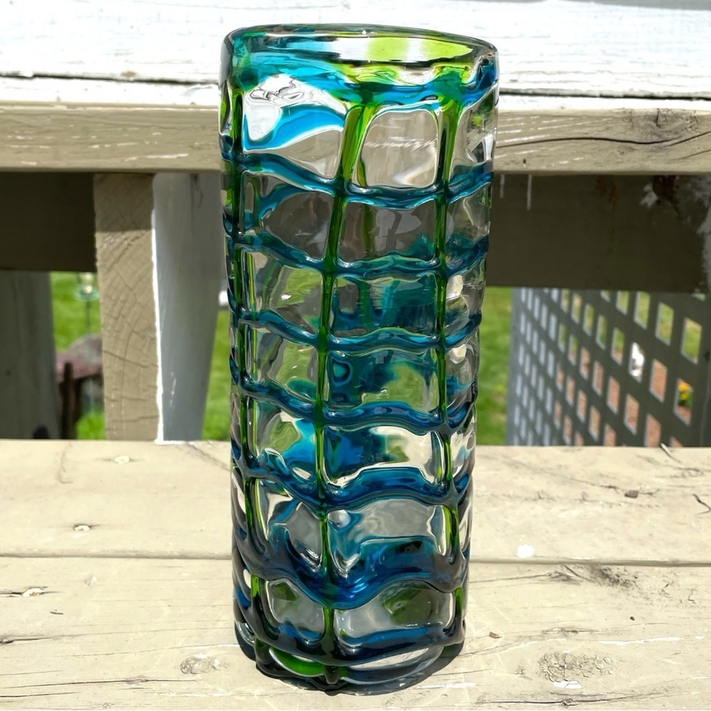 Thick glass vase with blue/green overlay, asymmetrical, handmade, no flaws
